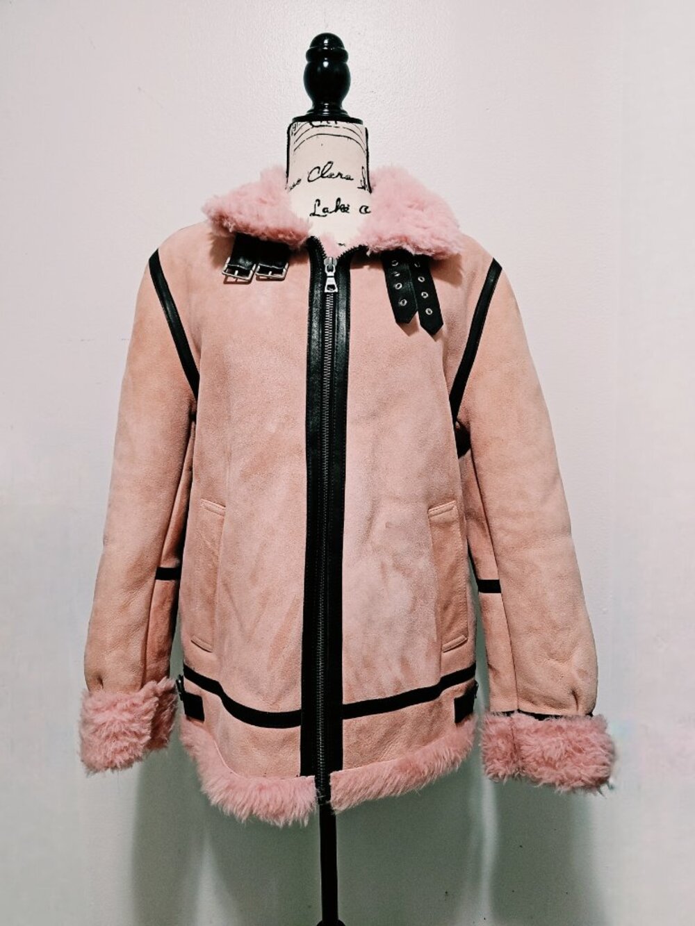 NewReal Sheepskin Shearling Lamb Fur Suede Leather Coat Jacket Pink Coral Biker - Picture 3 of 8